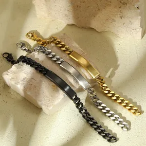 Herren Mode Edelstahl 18K Vergoldet Panzerkette ID Armband Für Gravur Minimalistische Geometrische Platte Schmuck Geschenk