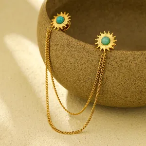 Broche de col soleil dorée avec pierres turquoise et chaînes pour chemises