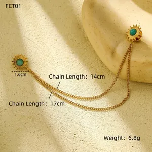 Détail des broches tournesol avec pierres vertes et chaînes de 14/17 cm de longueur