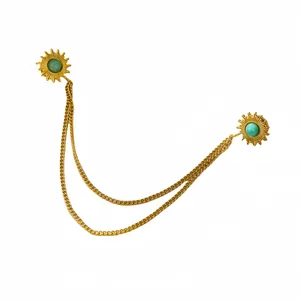 Épingle de col à double chaîne dorée avec pierre naturelle tournesol en acier