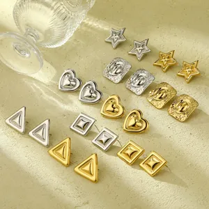 Boucles d'Oreilles Géométriques en Acier Inoxydable Minimalistes pour Femmes Forme de Cœur Étoile Carré Triangle Bijoux de Mode