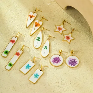 Vintage Stainless Steel Dried Flower Earrings For Women Heart Waterdrop Geometric Resin Drip Glue Ear Studs Jewelry