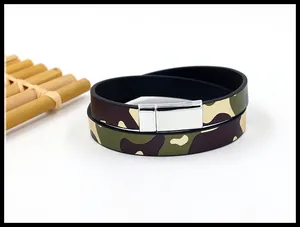 Detail of camouflage PU leather wrap bracelet with silver magnetic stainless steel clasp