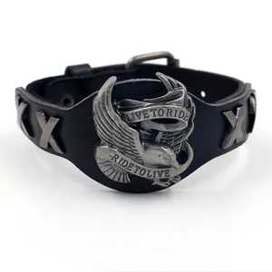 Punk leather bracelet with eagle relief and Live to Ride slogan in vintage metal finish