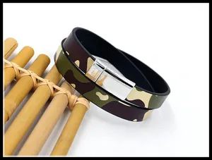 Detail of camouflage PU leather bracelet with double-wrap design and silver metal clasp