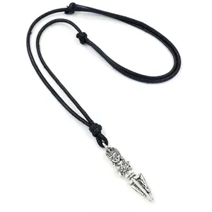 Vintage Alloy Phurba Pendant Necklace Men Ethnic Style Long Adjustable Braided Rope Chain Religious Punk Necklace Jewelry Gift