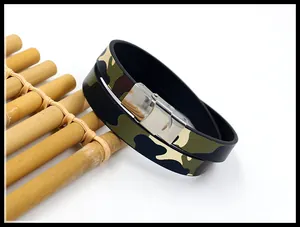 Detail of camouflage PU leather double wrap bracelet with brushed silver buckle