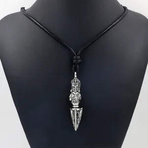Retro silver Vajra pestle pendant necklace for men with black woven cord and deity carving