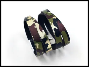 Detailed macro view of camouflage PU leather wrap bracelets with silver metal buckles