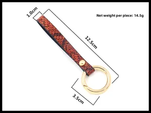 Brown snakeskin leather key ring with gold hardware and detailed 12.5cm size dimensions