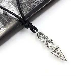 Vintage silver alloy arrow pendant necklace with retro engraved details on black cord
