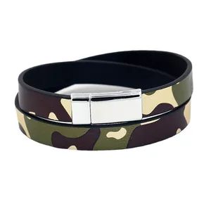Camouflage Double Wrap PU Leather Bracelet With Stainless Steel Magnetic Buckle For Men Women Military Casual Jewelry