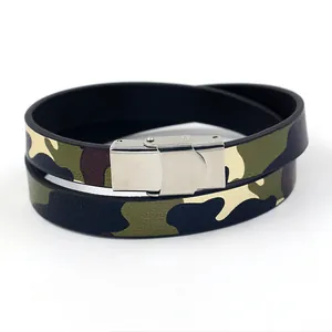 Double-wrap camouflage leather bracelet with polished stainless steel buckle for men