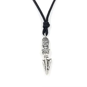 Vintage alloy ethnic necklace for men with religious totem pendant and black woven cord