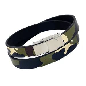 Double-wrap camouflage PU leather bracelet with polished stainless steel clasp for unisex
