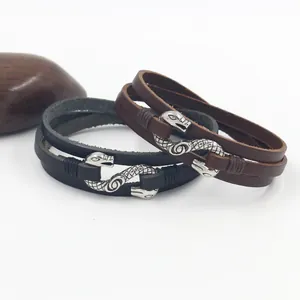 Punk vintage snake head alloy metal charms on double-layer leather woven bracelets