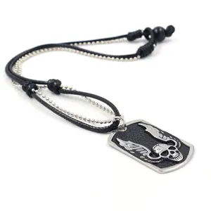 Herren Hip Hop Totenkopf Flügel Dog Tag Anhänger Halskette Doppellagige Legierung Metall Kugelkette Wachskordel Retro Punk Schmuck