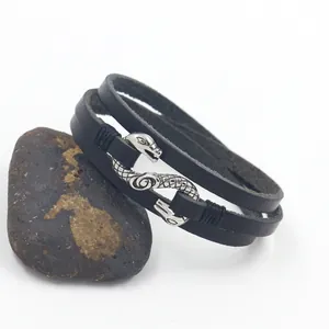 Vintage double-layer black leather bracelet with a silver snake-shaped metal buckle
