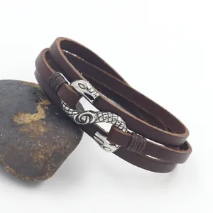Vintage Punk Men's Cowhide Leather Bracelet S-Shaped Alloy Snake Head Double Layer Wrap Bangle For Men Jewelry Gift