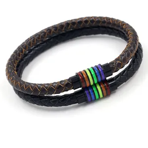 Bracciale in Pelle Bovina Intrecciata a Mano Per Uomo e Donna Con Fibbia Magnetica Arcobaleno Gioielli LGBTQ Pride Cinturino Punk Casual