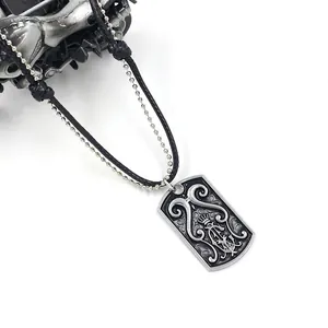Vintage silver crown pendant necklace for men with double layered chain and leather rope