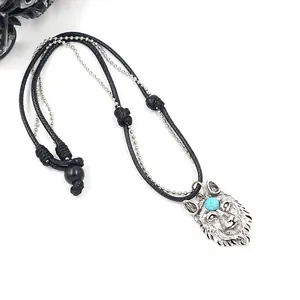 Wolf head pendant necklace with turquoise stone and dual silver chain and black cord