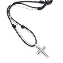 Detail of double-layer cross necklace with black leather cord and adjustable knot closure