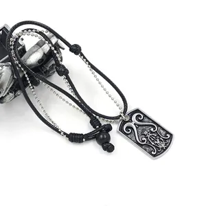 Men's rectangular alloy dog tag necklace with vintage patterns and layered black cords