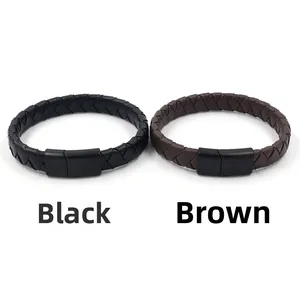 Bracelet tendance en cuir tressé pour hommes avec fermoir magnétique en acier noir
