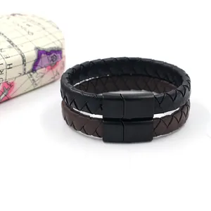 Bracelets pour hommes en cuir tressé avec fermoirs magnétiques noirs en noir et marron