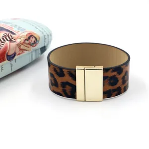 Fashionable leopard print PU leather wide cuff bracelet with gold magnetic metal clasp