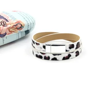 Multilayer leopard print PU leather wrap bracelet with a polished silver magnetic clasp