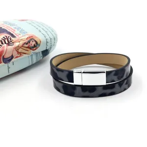Multilayer leopard print PU leather wrap bracelet with silver magnetic buckle for women