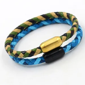Handgemaakte gevlochten lederen camouflage armband met stalen magneetsluiting