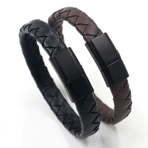 Modieuze zwart-bruine gevlochten leren armbanden met matte stalen magneetsluitingen