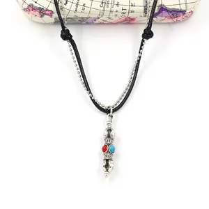 Vintage ethnic style Vajra pendant necklace with turquoise and red beads on cord chain