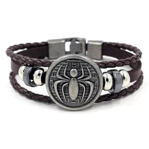Men's multilayer leather bracelet with retro alloy spider shield charm and braided cords