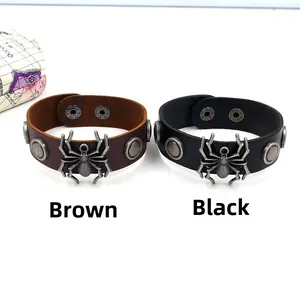 Bracelets punk en cuir noir et marron avec pendentifs d'araignée en métal et rivets