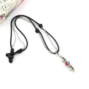 Ethnic vintage turquoise alloy vajra pendant necklace with adjustable woven cord