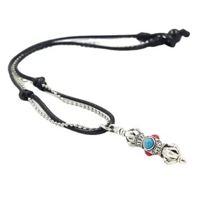 Ethnic retro Vajra pendant necklace with turquoise stone and black braided rope