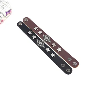 Pulsera punk de cuero para hombre con tachuelas de metal estrella y rombo en negro y marrón