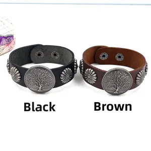 Bracelets punk en cuir noir et marron avec breloques vintage en métal arbre de vie