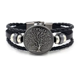 Retro meerlaagse zwarte lederen armband met een levensboom bedeltje en metalen kralen