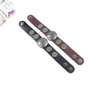 Bracelets en cuir punk avec emblème arbre de vie et rivets en noir et marron pour homme