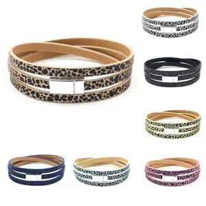 Mehrlagige Armbänder aus PU-Leder mit Leopardenmuster und Magnetverschluss in sieben Farben