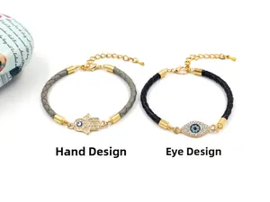 Bracelets en cuir tressé avec œil porte-bonheur et main de Fatma sertis de strass