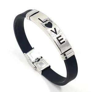 Bracciale alla moda in silicone nero e acciaio inossidabile con incisione LOVE