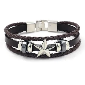 Men's multi-layer brown braided leather bracelet with silver star charm and metal beads