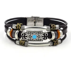 Bohemian multi-layer leather bracelet with turquoise bead and stainless steel clasp