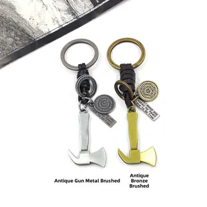 Retro axe keychains with braided leather cord in antique bronze and silver brush finish